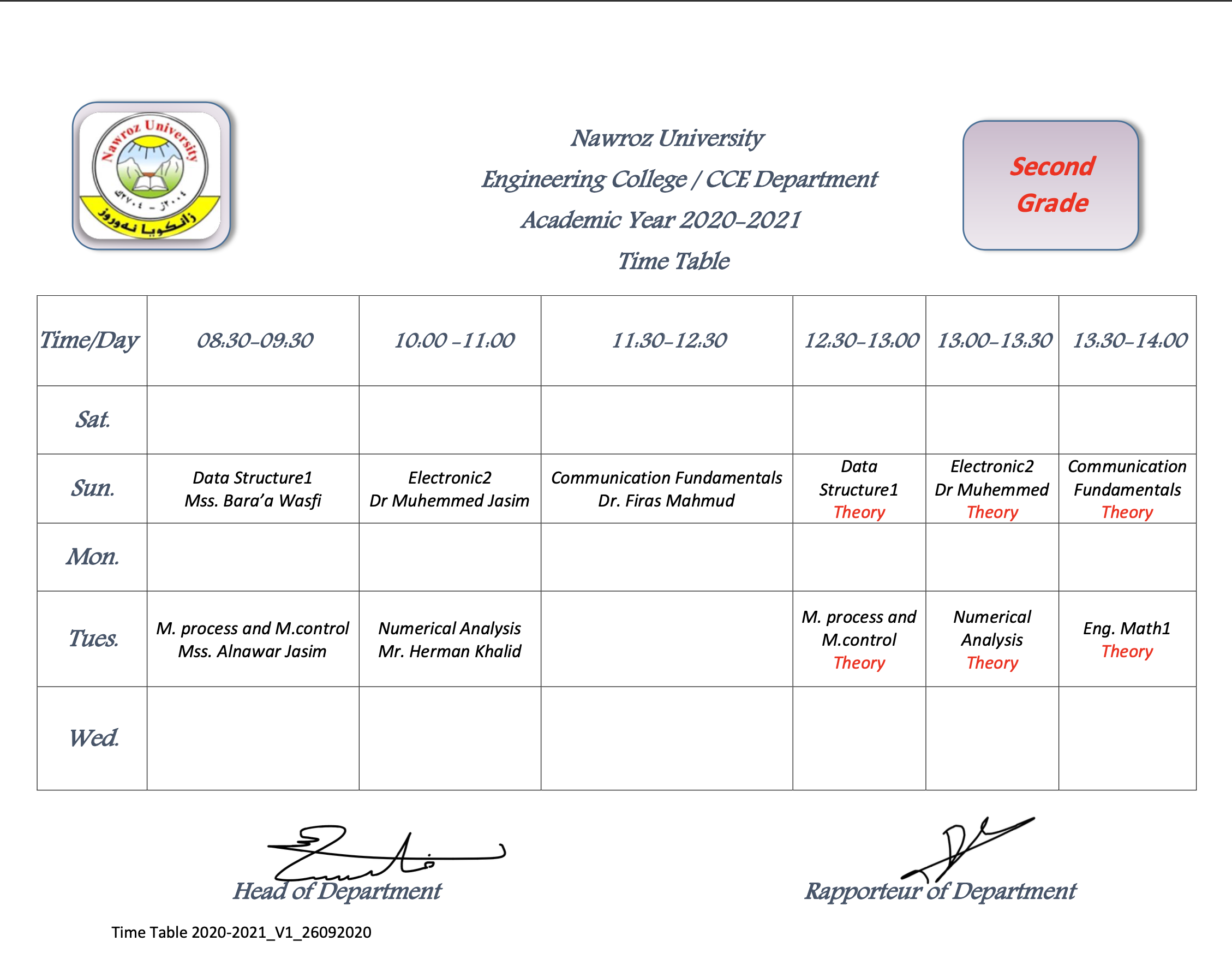 CCE Theoretical and Practical Time Table 2020-2021